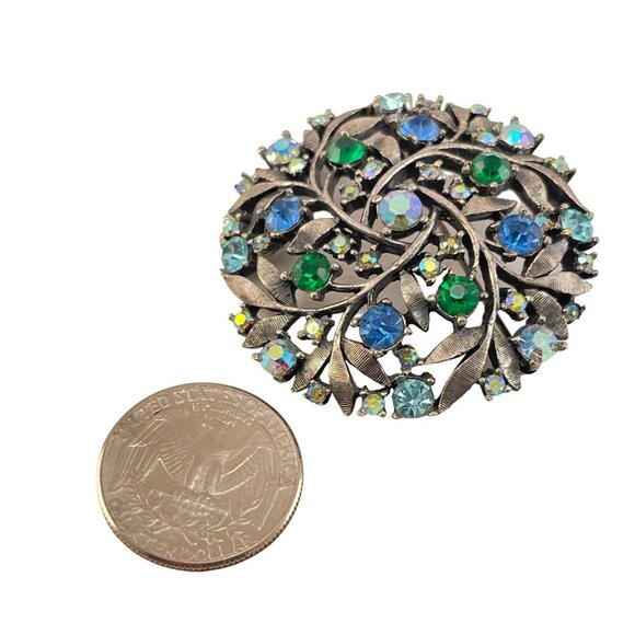 Rare Unsigned Florenza Round Aurora Borealis Blue Green Leaf Brooch Pin Vintage - Picture 6 of 6